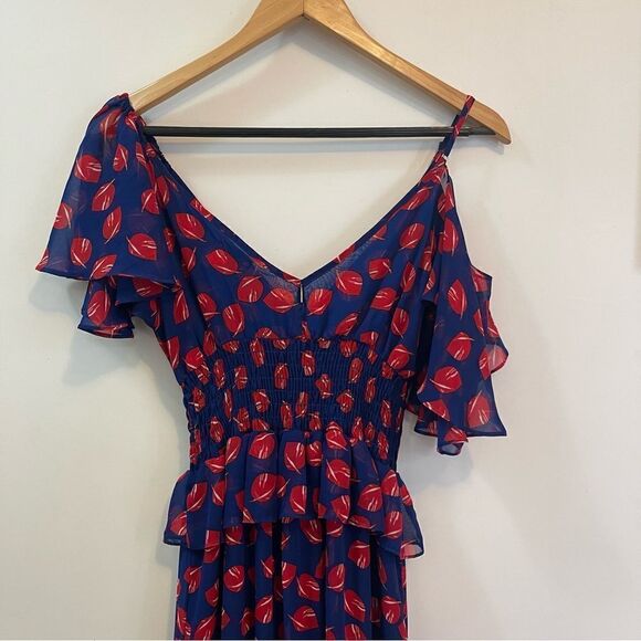 Misa Los Angeles Loulou Ruffled Midi Dress In Navy Blue And Red Print in Size S - Picture 5 of 9